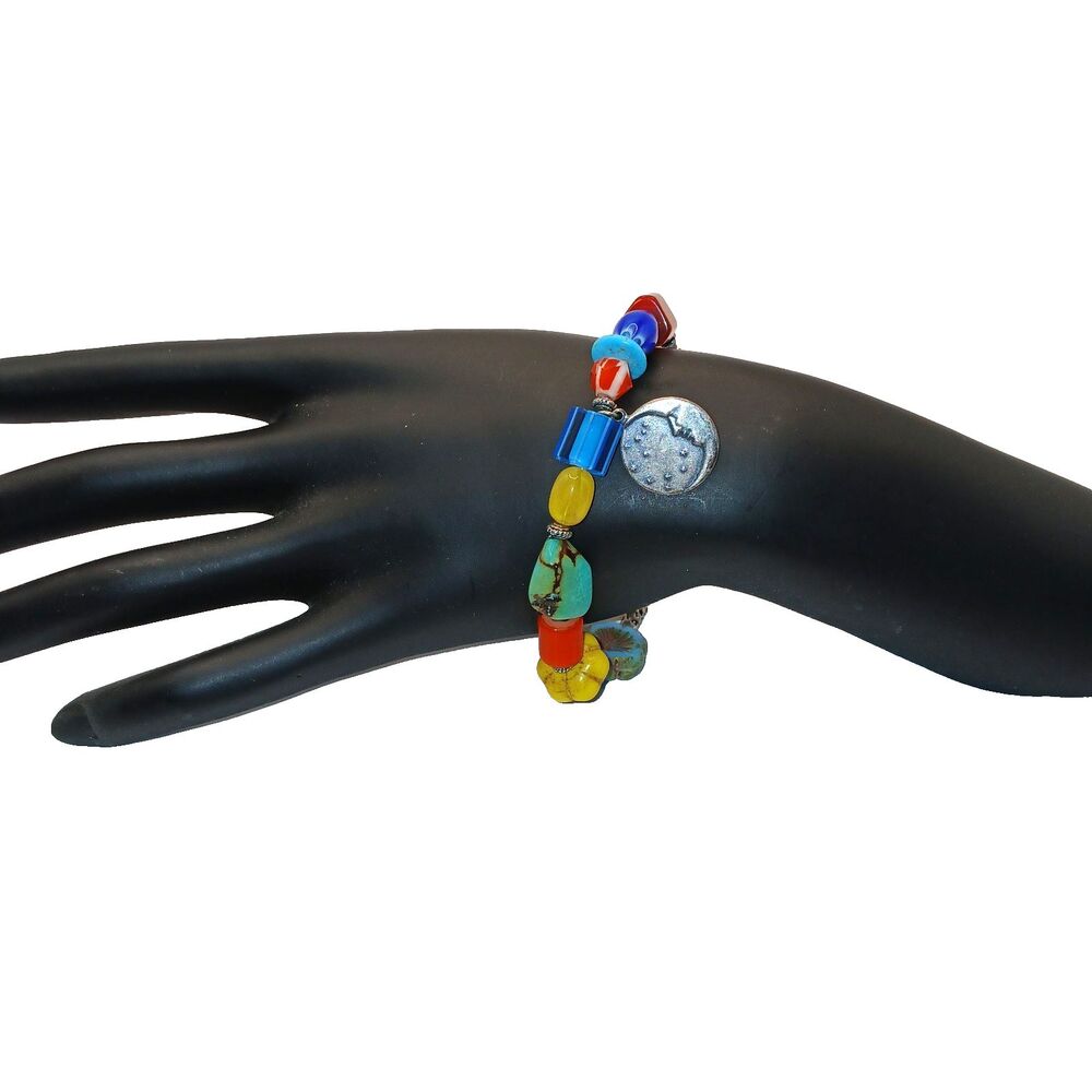 Artisan Beaded Bracelet Lampwork Cane & Czech Glass Celestial Moon Charm 8"